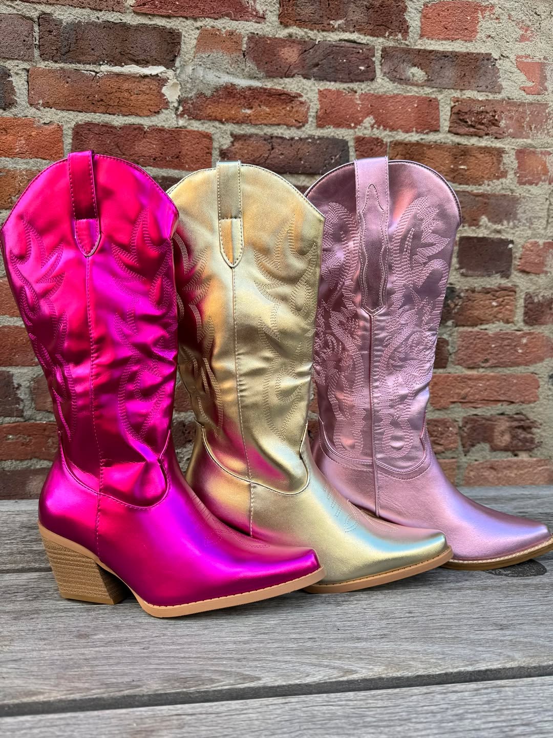 Three pairs of metallic cowboy boots